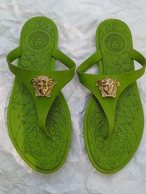 Versace Lime Green Medusa Thong Sandals with Gold Medallions